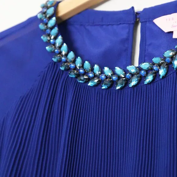 Ted Baker Lovina Jewel Embellished Accordion Pleated Blouse Cobalt Royal Blue 4 - Picture 6 of 16